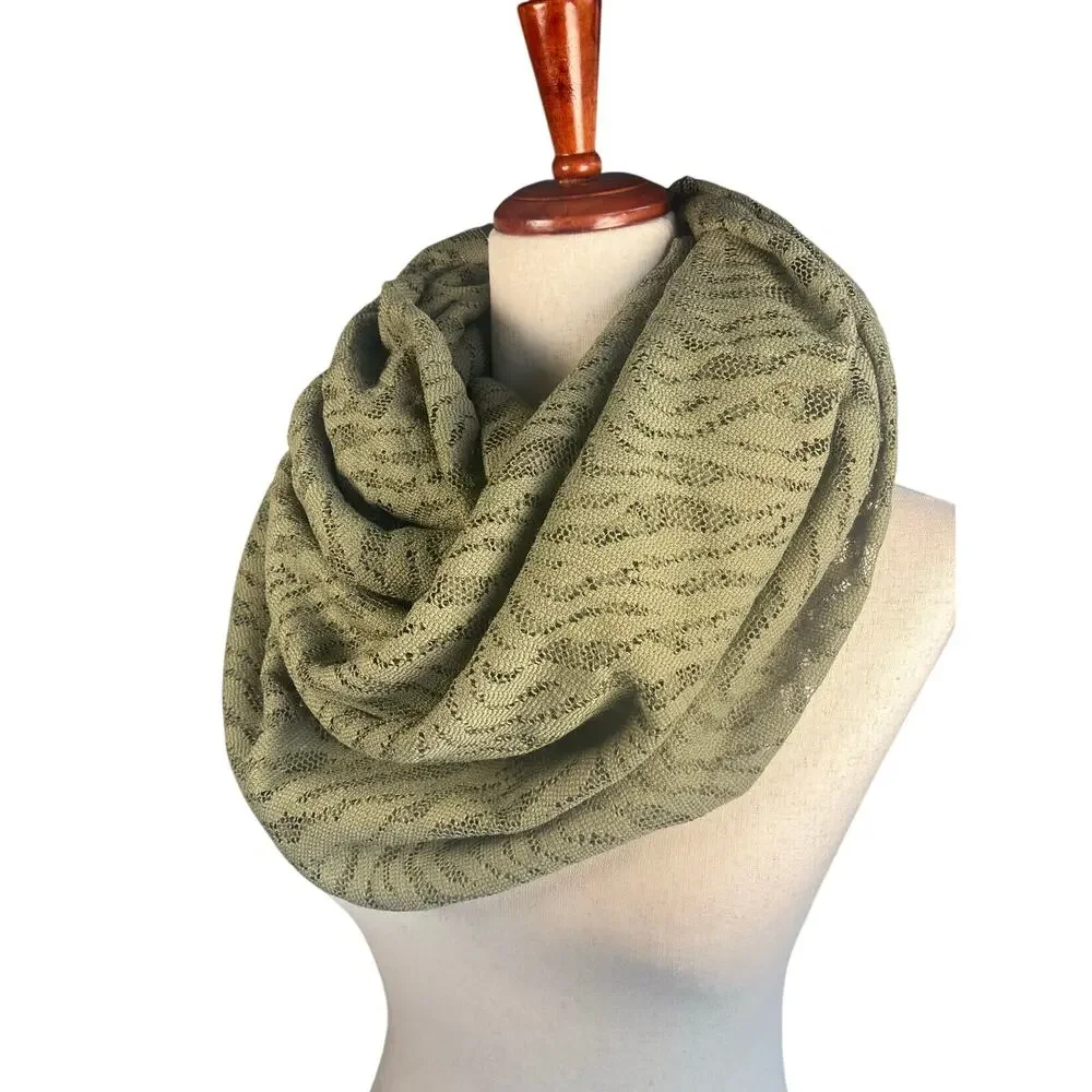 Olive Green Knit Infinity Scarf Lightweight Open Knit Boho Circle Scarf